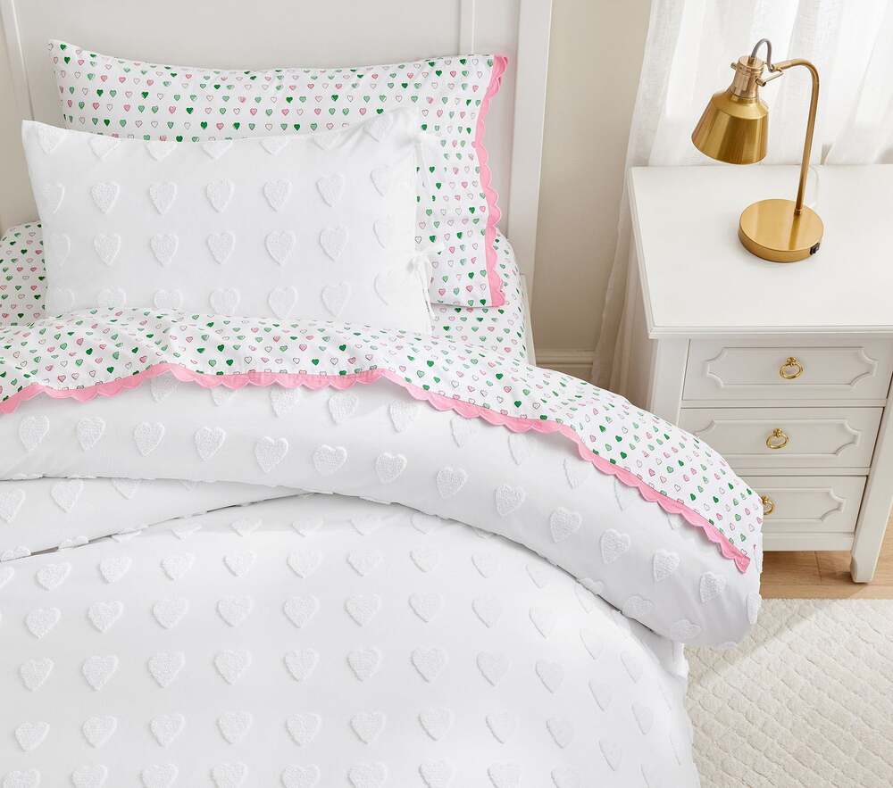 Roller Rabbit Pottery Barn Tufted Hearts Duvet Cover Full Queen White NWT